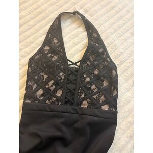 UK2LA Black Lace Halter Dress Cage Lattice Bodice Cocktail Party Mini Small
